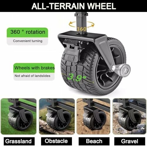 All-terrain wheel with 360-degree rotation and brakes, suitable for grassland, obstacles, beaches, and gravel.