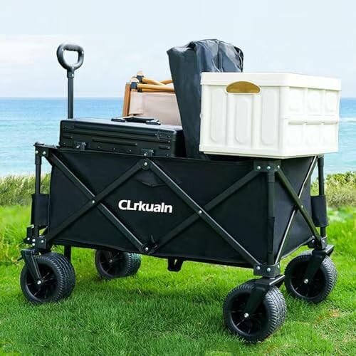 Collapsible wagon loaded with items near the beach.