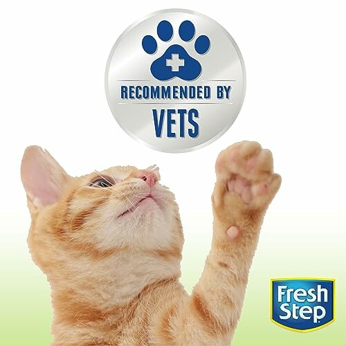 Orange cat reaching up with 'Recommended by Vets' sign and Fresh Step logo.