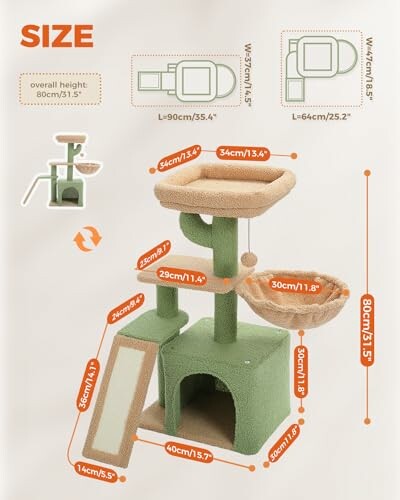 Diagram showing dimensions of a multi-level cat tree with various platforms and a hammock.