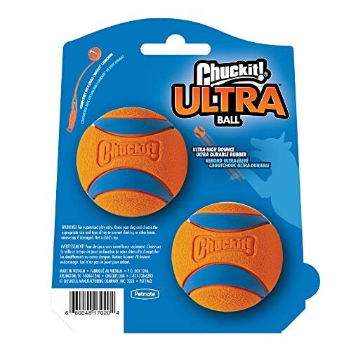 Chuckit! Ultra Ball packaging with two orange and blue balls.