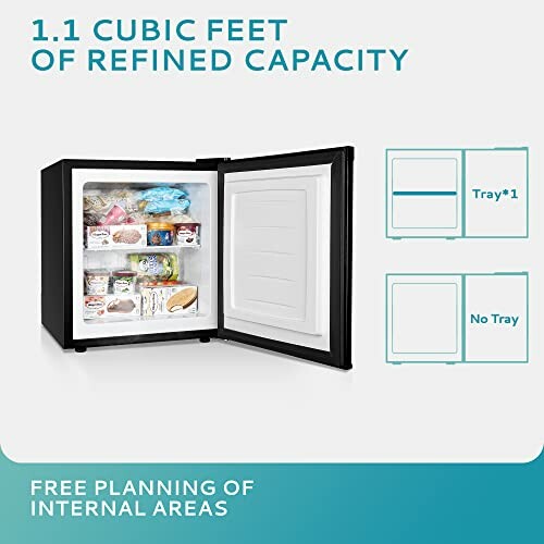 Open compact freezer showing interior storage with food items.