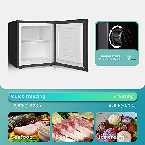 Compact freezer with open door, temperature control knob, and quick freezing options for seafood, beef, and ice cream.