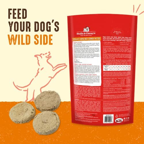 Stella & Chewy's dog food with feeding guide and patties.