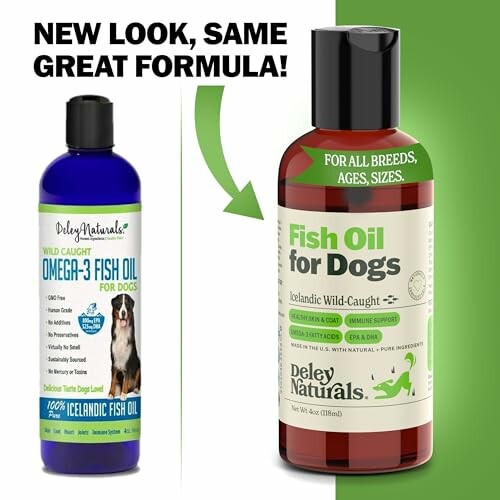 Two bottles of fish oil for dogs with new packaging