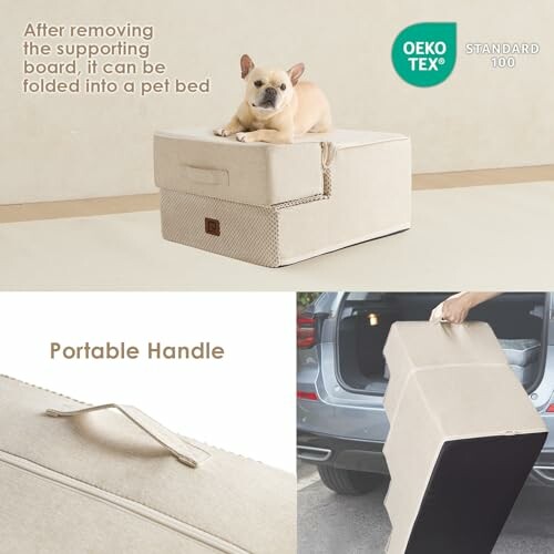 Foldable pet bed with a dog on top and portable handle.