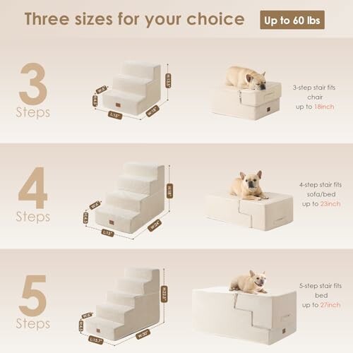 Pet stairs with three sizes: 3-step for chairs, 4-step for sofas, 5-step for beds, supporting up to 60 lbs.