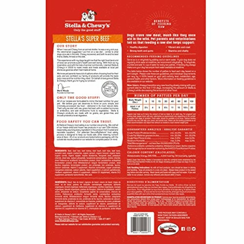 Back of Stella & Chewy's Super Beef dog food package with feeding guidelines and product information.