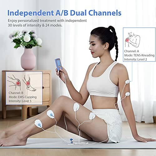 Woman using a TENS unit with independent A/B dual channels for muscle treatment.