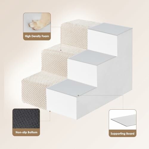 Three-step pet stairs with high-density foam, non-slip bottom, and supporting board.