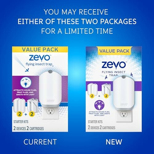 Comparison of Zevo flying insect trap packaging, current vs new.